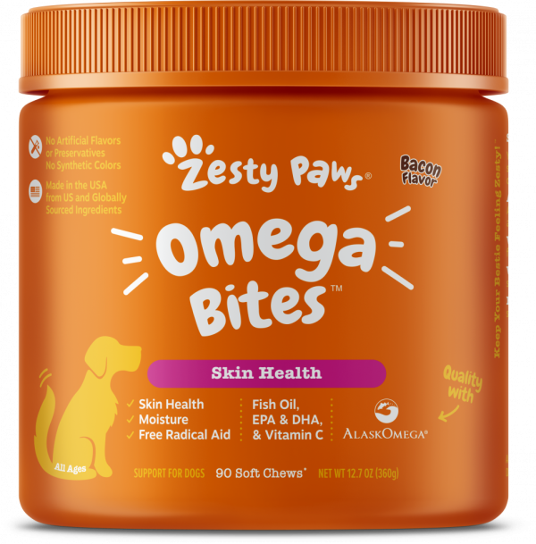 Zesty Paws Omega 3 Soft Chews for Skin Health Premium Fish Oil with EPA & DHA   Vitamin C Functional Bacon Flavor Dog Supplement Discount