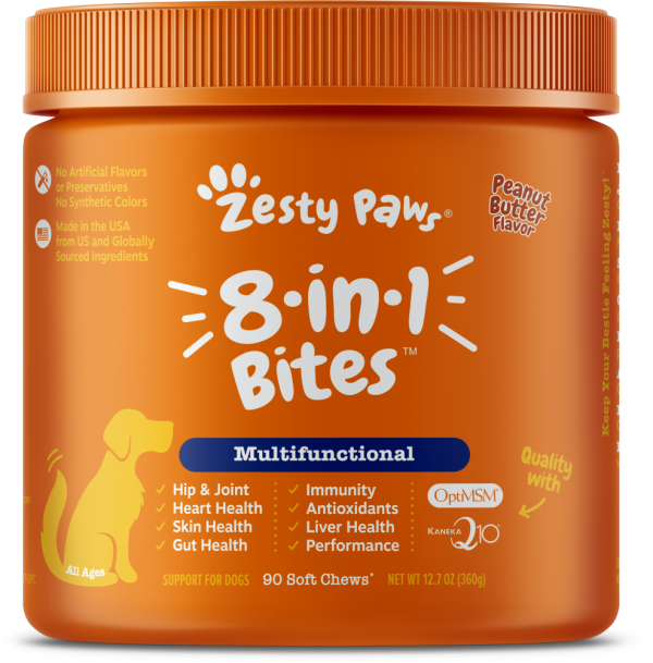 Zesty Paws 8-in-1 Multifunctional Vitamins Glucosamine Chondroitin & Probiotics Peanut Butter Flavor Soft Chews for Dogs Online Sale