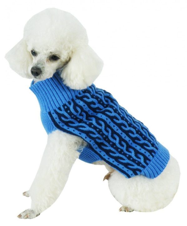 Pet Life Harmonious Dual Color Aqua Blue & Dark Blue Weaved Heavy Cable Knitted Dog Sweater Sale