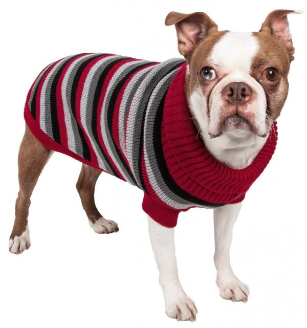 Pet Life Polo Casual Lounge Cable Knit Red Black & Grey Turtle Neck Dog Sweater Discount