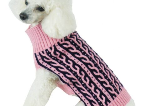 Pet Life Harmonious Dual Color Pink & Navy Blue Weaved Heavy Cable Knitted Dog Sweater For Cheap